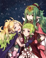Rule 34 | ahoge, blush, bow, braid, breasts, cape, circlet, dress, fire emblem, fire emblem: mystery of the emblem, fire emblem awakening, gloves, green eyes, green hair, hair ornament, hair ribbon, long hair, looking at viewer, mother and daughter, multiple girls, nah (fire emblem), nintendo, nowi (fire emblem), open mouth, pointy ears, ponytail, purple eyes, ribbon, smile, tiki (adult) (fire emblem), tiki (fire emblem)