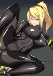 Rule 34 | 1girl, ass, aster crowley, blonde hair, blue eyes, blush, bodysuit, breasts, cameltoe, cleft of venus, covered navel, covered erect nipples, fat mons, grin, high heels, highres, large breasts, long hair, looking at viewer, lying, metroid, nintendo, nipples, on back, ponytail, samus aran, skin tight, smile, spread legs, zero suit