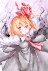 Rule 34 | 1girl, ascot, blonde hair, darkness, dress, frilled dress, frills, hair ribbon, highres, kz oji, okazu (seiga), outstretched arms, red eyes, ribbon, rumia, shirt, short hair, smile, solo, spread arms, touhou