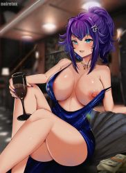 Rule 34 | 1girl, alcohol, alternate breast size, ass, azur lane, banknote, bare legs, bare shoulders, blue eyes, blue nails, breasts, cleavage, cosplay, cup, curvy, drinking, drinking glass, feet out of frame, highres, holding, indie virtual youtuber, jewelry, large breasts, melody (projektmelody), money, nail polish, necklace, nipple slip, nipples, noiretox, open mouth, purple hair, sitting, smile, solo, st. louis (azur lane), st. louis (azur lane) (cosplay), thick thighs, thighs, virtual youtuber, wine glass