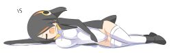 Rule 34 | 1girl, = =, bird tail, black footwear, black hair, black jacket, boots, breasts, closed eyes, commentary request, emperor penguin (kemono friends), full body, hair between eyes, hair over one eye, headphones, highres, jacket, kemono friends, large breasts, lets0020, long bangs, lying, multicolored hair, numbered, on side, one-piece swimsuit, open mouth, orange hair, short hair, simple background, solo, streaked hair, swimsuit, tail, thighhighs, white background, white one-piece swimsuit, white thighhighs