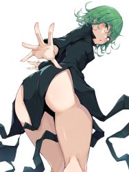 Rule 34 | 1girl, :o, ass, bare legs, black dress, black mutou, breasts, curly hair, dress, from behind, green eyes, green hair, huge ass, leaning forward, looking at viewer, looking back, one-punch man, open hand, outstretched arm, parted lips, shiny skin, short hair, side slit, simple background, small breasts, solo, tatsumaki, thighs, white background, wide hips