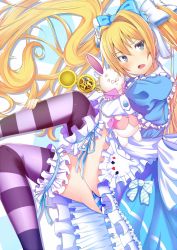 Rule 34 | 1girl, alice (alice in wonderland), alice in wonderland, apron, blonde hair, blue eyes, bow, dress, hair bow, highres, long hair, original, panties, pocket watch, solo, striped clothes, striped panties, striped thighhighs, stuffed animal, stuffed rabbit, stuffed toy, thighhighs, twintails, underwear, watch, wildcat (kusonemi)