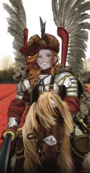 Rule 34 | 1girl, armor, cape, cross, cross earrings, earrings, field, flower, flower field, fur cape, green eyes, highres, holding, holding weapon, horse, horseback riding, hussar, jewelry, lance, long hair, looking at viewer, multiple scars, nnnmengmeng, open mouth, original, plate armor, polearm, polish clothes, red hair, red shirt, riding, scar, shirt, shoulder armor, smile, sword, teeth, tree, weapon, winged hussar