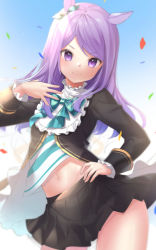 Rule 34 | &gt;:), 1girl, animal ears, black jacket, black skirt, blue bow, blue ribbon, blush, bow, closed mouth, commentary request, confetti, contrapposto, ear ribbon, frilled sleeves, frills, hand on own hip, hand up, highres, horse ears, jacket, long sleeves, looking at viewer, mejiro mcqueen (umamusume), midriff, navel, pleated skirt, purple eyes, purple hair, ribbon, rukinya (nyanko mogumogu), skirt, smile, solo, standing, swept bangs, umamusume, v-shaped eyebrows