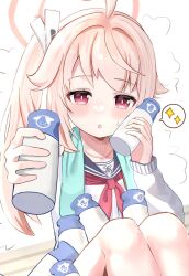 Rule 34 | 1girl, ahoge, aoraine, blue archive, blush, collarbone, commentary request, highres, long hair, milk, natsu (blue archive), pink hair, red eyes, school uniform, side ponytail, simple background, sitting, solo, sparkle, sweat, towel, white background