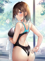 Rule 34 | 1girl, ?, arm under breasts, ass, bad id, bad twitter id, bare arms, bare shoulders, black one-piece swimsuit, blue hair, breasts, brown hair, competition swimsuit, cowboy shot, day, from behind, gradient hair, highres, holding, holding towel, indoors, large breasts, looking at viewer, looking back, motion lines, multicolored hair, one-piece swimsuit, original, purple eyes, shiro kuma shake, solo, speech bubble, spoken question mark, swimsuit, towel, wet, window