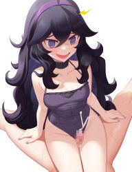 Rule 34 | 1boy, 1girl, :d, @ @, ^^^, ahoge, black choker, black hair, breasts, censored, choker, collarbone, commentary request, creatures (company), cum, curly hair, ejaculation, game freak, gazing eye, grey eyes, hair between eyes, hairband, hetero, hex maniac (pokemon), highres, long hair, medium breasts, mosaic censoring, nail polish, nintendo, one-piece swimsuit, open mouth, penis, pokemon, pokemon xy, purple hairband, purple nails, purple one-piece swimsuit, raised eyebrows, simple background, smile, swimsuit, thigh sex, tongue, white background