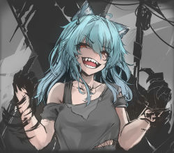Rule 34 | 1girl, absurdres, ahoge, animal ears, bare shoulders, breasts, cat ears, claws, collarbone, commentary, grey hair, highres, kana616, kana (kana616), long hair, looking at viewer, medium breasts, middle finger, original, red eyes, sharp teeth, solo, teeth, torn clothes