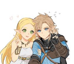 Rule 34 | 1boy, 1girl, bare shoulders, black gloves, blonde hair, blue eyes, blue tunic, blush, bracer, breasts, couple, dress, duoj ji, earrings, fingerless gloves, gloves, gold necklace, green eyes, hair between eyes, hand up, happy, heart, hetero, highres, holding another&#039;s arm, jewelry, light brown hair, link, long hair, long sleeves, looking at viewer, low ponytail, medium breasts, neck, necklace, nintendo, official alternate costume, open mouth, pointy ears, princess zelda, short hair, sidelocks, smile, straight hair, strapless, strapless dress, teeth, the legend of zelda, the legend of zelda: breath of the wild, the legend of zelda: tears of the kingdom, thick eyebrows, upper body, upper teeth only, v, white background, white dress