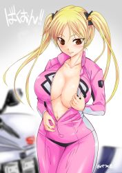 Rule 34 | !, !!, 10s, 1girl, abe tsukumo, bakuon!!, bell, biker clothes, bikesuit, black bow, blonde hair, blurry, blush, bodysuit, bow, breasts, center opening, cleavage, closed mouth, collarbone, copyright name, cowboy shot, depth of field, full-length zipper, gradient background, grey background, hair bell, hair between eyes, hair bow, hair ornament, large breasts, long hair, long sleeves, looking at viewer, motor vehicle, motorcycle, no bra, smile, solo, suzunoki rin, twintails, uneven eyes, unzipped, unzipping, zipper