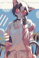 Rule 34 | 1girl, animal ear fluff, animal ears, black choker, black hair, buttons, cat ears, cat girl, cat tail, choker, furry, furry female, highres, jewelry, kaziearts, looking at viewer, multicolored hair, necklace, one eye closed, original, palm tree, purple-tinted eyewear, rimless eyewear, round eyewear, shirt, short sleeves, slit pupils, smile, solo, tail, tinted eyewear, tree, two-tone hair, whiskers, white hair, white shirt