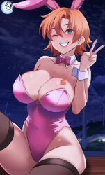 Rule 34 | 1girl, absurdres, alternate costume, animal ears, bow, bowtie, breast tattoo, breasts, brown thighhighs, chinese zodiac, cleavage, cuffs, detached collar, female focus, green eyes, grin, highleg, highleg leotard, highres, lainart, large breasts, leotard, moon, naughty face, nora valkyrie, one eye closed, orange hair, pink bow, pink bowtie, pink leotard, playboy bunny, rabbit ears, rabbit tattoo, rwby, screencap, segal03, short hair, sitting, sky, smile, solo, star (sky), starry sky, tattoo, teeth, thighhighs, thighs, v, windmill, wing collar, wink, year of the rabbit