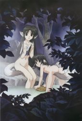 Rule 34 | 00s, 2girls, :o, absurdres, all fours, animal ears, aruruu, ass, back, black eyes, black hair, blurry, breasts, brown eyes, bucket, censored, closed mouth, collarbone, convenient censoring, crease, depth of field, dog ears, dog tail, eruruu, expressionless, from behind, full body, groin, hair over shoulder, highres, holding, holding own hair, in water, kneepits, leaf, legs together, long hair, looking at viewer, looking back, multiple girls, nakata masahiko, nature, navel, night, nude, official art, onsen, outdoors, parted bangs, reflection, rock, scan, short hair, siblings, sisters, sitting, small breasts, soaking feet, spread legs, straight hair, surprised, tail, tail censor, tree, utawarerumono, very long hair, wading
