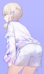 Rule 34 | 1girl, blonde hair, grey background, hair ornament, hairpin, hololive, hololive dev is, looking at viewer, multicolored hair, purple eyes, purple hair, shirt, short hair, shorts, solo, streaked hair, tauta (meshia8787), todoroki hajime, two side up, virtual youtuber, white shirt, white shorts