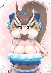 Rule 34 | 1girl, animal costume, animal ear fluff, animal ears, bikini, blue bikini, breasts, brown eyes, brown hair, chipmunk costume, chipmunk ears, chipmunk girl, chipmunk tail, cleavage, closed mouth, extra ears, highres, huge breasts, kemono friends, kemono friends v project, looking at viewer, multicolored hair, ribbon, short hair, siberian chipmunk (kemono friends), simple background, smile, solo, swimsuit, tail, tanio (tanio 0114), virtual youtuber, white hair