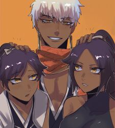 Rule 34 | 1girl, 2boys, ancestor and descendant, bad id, bad twitter id, bare shoulders, bleach, bleach: sennen kessen-hen, breasts, brother and sister, earrings, haori, highres, japanese clothes, jewelry, macarox d, medium breasts, multiple boys, orange background, orange scarf, pectoral cleavage, pectorals, ponytail, purple hair, scarf, shihouin chika, shihouin yoruichi, shihouin yuushirou, shinigami, siblings, white hair, yellow eyes