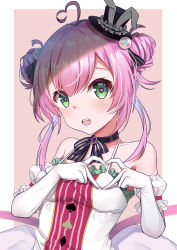 Rule 34 | 1girl, absurdres, ahoge, ctrl+z, hair ornament, heart, heart ahoge, heart hands, highres, hololive, hololive china, looking at viewer, pink hair, solo, spade echo, virtual youtuber