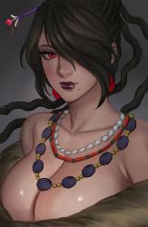 Rule 34 | 1girl, bare shoulders, black hair, breasts, cleavage, collarbone, commentary, dress, english commentary, eyeshadow, final fantasy, final fantasy x, fur trim, grey background, hair ornament, hair over one eye, highres, jewelry, large breasts, lipstick, long hair, looking at viewer, lulu (ff10), makeup, mole, mole under mouth, necklace, one eye covered, portrait, purple lips, red eyes, soffa, solo, square enix