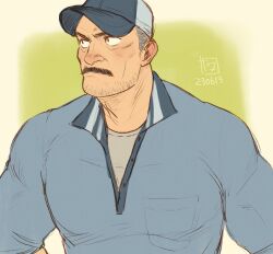 Rule 34 | 1boy, aaron gruber (o natsuo88), bara, baseball cap, beard stubble, collared sweater, facial hair, facial scar, grey hair, grey shirt, hat, looking to the side, male focus, mature male, muscular, muscular male, mustache, o natsuo88, old, old man, original, receding hairline, scar, scar on cheek, scar on face, shirt, short hair, simple background, solo, stubble, sweater, thick eyebrows, thick mustache, upper body, v-neck, wrinkled skin