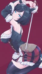 Rule 34 | 1girl, absurdres, animal ears, black hair, black thighhighs, blue eyes, blue skirt, breasts, detached sleeves, eishin flash (umamusume), highres, holding, holding sword, holding weapon, horse ears, horse girl, huge filesize, kneeling, large breasts, looking at viewer, no tail, red background, red skirt, short hair, simple background, skirt, solo, striped clothes, striped skirt, sword, thighhighs, thighs, tokufumi, two-tone skirt, umamusume, vertical-striped clothes, vertical-striped skirt, weapon, zettai ryouiki