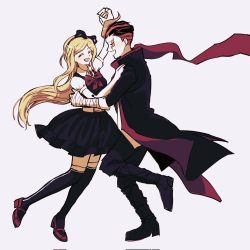 Rule 34 | 1boy, 1girl, bandaged arm, bandages, black bow, black dress, black jacket, black pants, blonde hair, bow, bowtie, cang zi, closed eyes, collared shirt, dancing, danganronpa (series), danganronpa 2: goodbye despair, dress, facing another, full body, grey hair, hair bow, happy, highres, holding hands, jacket, long hair, multicolored hair, open clothes, open jacket, open mouth, over-kneehighs, pants, pink scarf, puffy short sleeves, puffy sleeves, red bow, red bowtie, red footwear, scarf, shirt, shoes, short sleeves, sonia nevermind, tanaka gundham, thighhighs, two-tone hair, white shirt