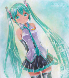 Rule 34 | 1girl, arms behind back, artist name, detached sleeves, green eyes, green hair, hatsune miku, headset, long hair, marker (medium), matching hair/eyes, mayo riyo, necktie, skirt, solo, thighhighs, traditional media, twintails, very long hair, vocaloid