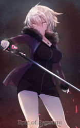 Rule 34 | 1girl, ahoge, black dress, black panties, breasts, cowboy shot, dress, fate/grand order, fate (series), fur trim, hair between eyes, highres, holding, holding sword, holding weapon, jacket, jeanne d&#039;arc (fate), jeanne d&#039;arc alter (fate), jeanne d&#039;arc alter (ver. shinjuku 1999) (fate), jewelry, kojima (blue stardust), large breasts, long sleeves, looking at viewer, official alternate costume, open clothes, open jacket, panties, pantyshot, pendant, short dress, short hair, silver hair, solo, standing, sword, underwear, weapon, yellow eyes