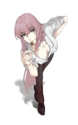 Rule 34 | 1girl, black footwear, black pants, blue eyes, breasts, candy, cleavage, collarbone, collared shirt, dress pants, food, highres, lollipop, long hair, looking at viewer, medium breasts, megurine luka, no bra, pants, pink hair, shadow, shirt, sleeves rolled up, solo, vocaloid, white background, white shirt
