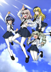 Rule 34 | 4girls, alternate costume, anchovy (girls und panzer), anzio school uniform, arm up, belt, beret, black belt, black footwear, black hair, black headwear, black necktie, black ribbon, black skirt, blonde hair, blue eyes, blue sky, braid, brown eyes, carpaccio (girls und panzer), clenched hands, closed mouth, cloud, cloudy sky, commentary, day, dress shirt, drill hair, emblem, girls und panzer, green eyes, green hair, grey hair, grin, hair ribbon, hair tie, hat, highres, itsumi erika, kirara jump, leg up, legs up, loafers, long hair, long sleeves, looking to the side, medium hair, miniskirt, multiple girls, necktie, no cape, one eye closed, oosaka kanagawa, open mouth, outdoors, pantyhose, pepperoni (girls und panzer), pleated skirt, raised fist, red eyes, ribbon, school uniform, shirt, shoes, short hair, side braid, skirt, skirt tug, sky, smile, sunlight, tilted headwear, twin drills, twintails, white pantyhose, white shirt, wing collar