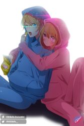 Rule 34 | 1boy, 1girl, absurdres, blonde hair, blue eyes, brother and sister, chips (food), deviantart username, food, highres, hoshino aquamarine, hoshino ruby, lay&#039;s (potato chips), mismatched pupils, onesie, oshi no ko, pink eyes, potato chips, siblings, signature, star-shaped pupils, star (symbol), star in eye, symbol-shaped pupils, symbol in eye, twins, twitter username, victoors