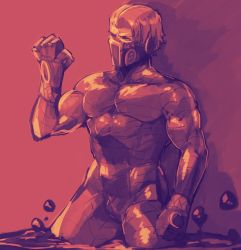 Rule 34 | #compass, 1boy, abs, amaneryuusei, bodysuit, clenched hand, cowboy shot, gustav heydrich, highres, limited palette, male focus, muscular, partially submerged, pectorals, shadow, solo, thighs
