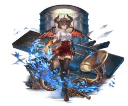 Rule 34 | 1girl, black thighhighs, blazer, breasts, brown hair, dragon horns, dragon tail, dragon wings, fire, full body, granblue fantasy, grea (shingeki no bahamut), horns, instrument, jacket, large breasts, looking at viewer, minaba hideo, official art, pointy ears, red eyes, shingeki no bahamut, shirt, shoes, short hair, skirt, solo, tail, thighhighs, torn clothes, transparent background, trombone, violin, wings