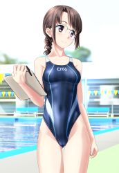 Rule 34 | 1girl, absurdres, black one-piece swimsuit, braid, braided ponytail, breasts, brown eyes, brown hair, cameltoe, clipboard, clothes writing, collarbone, competition swimsuit, covered navel, cowboy shot, day, glasses, groin, highleg, highleg swimsuit, highres, long hair, looking to the side, one-piece swimsuit, original, outdoors, pen, pool, purple one-piece swimsuit, single braid, small breasts, solo, standing, string of flags, striped clothes, striped one-piece swimsuit, swimsuit, takafumi