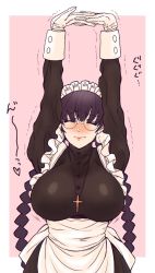 Rule 34 | 1girl, arms up, black lagoon, braid, breasts, cpusuy, closed eyes, glasses, gloves, highres, huge breasts, long hair, maid, maid headdress, roberta (black lagoon), solo, stretching, twin braids