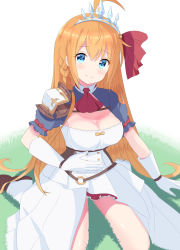 Rule 34 | 1girl, ahoge, armor, blue eyes, blush, boots, braid, closed mouth, commentary request, gloves, grass, hair between eyes, hair ribbon, hand on own stomach, long hair, on grass, on ground, orange hair, pauldrons, pecorine (princess connect!), princess connect!, puffy short sleeves, puffy sleeves, red ribbon, red skirt, ribbon, short sleeves, shoulder armor, shrug (clothing), sitting, skirt, smile, solo, split mouth, tiara, very long hair, wariza, white background, white footwear, white gloves, yutsuki warabi