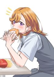 Rule 34 | 1girl, absurdres, arms on table, blush, burger, collared shirt, commentary, dress, dress shirt, eating, food, food in mouth, food on face, french fries, grey dress, highres, holding, holding burger, holding food, long hair, looking at viewer, love live!, love live! superstar!!, mcdonald&#039;s, medium dress, notice lines, orange hair, pinafore dress, purple eyes, school uniform, shibuya kanon, shirt, short sleeves, simple background, sitting, sleeveless, sleeveless dress, solo, summer uniform, uduki fuji, upper body, white background, white shirt, yuigaoka school uniform