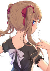 Rule 34 | 1girl, alexmaster, back, black dress, blonde hair, blue eyes, blush, brown hair, commentary request, dress, eyebrows, frilled sleeves, frills, from behind, hair ribbon, hands up, highres, long hair, looking at viewer, looking back, nape, original, red ribbon, ribbon, short sleeves, simple background, solo, translated, tsundere, twintails, upper body, white background, white ribbon