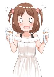Rule 34 | 0 0, 1girl, blank eyes, blush, bra strap, brown hair, commentary request, dress, flying sweatdrops, food, highres, ice cream, ice cream cone, looking at viewer, open mouth, original, simple background, solo, standing, tears, two side up, white background, white dress, yuki arare