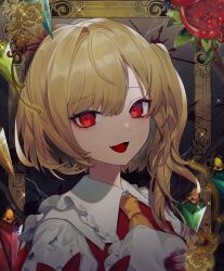 Rule 34 | 1girl, absurdres, ascot, blonde hair, blood, blood on clothes, bow, crystal, daimaou ruaeru, flandre scarlet, floral print, food, fruit, hat, unworn hat, unworn headwear, highres, holding, holding clothes, holding hat, looking at viewer, one side up, open mouth, picture frame, pomegranate, red bow, red eyes, red vest, revision, rose print, shirt, short hair with long locks, smile, solo, touhou, upper body, vest, white shirt, wings, yellow ascot