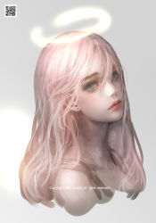 Rule 34 | 1girl, absurdres, angel, blue eyes, closed mouth, copyright notice, eyebrows, eyelashes, grey background, hair between eyes, halo, highres, lipstick, long hair, looking at viewer, makeup, nose, original, pink hair, qr code, realistic, red lips, shale, sleeveless, solo, upper body, watermark, white hair
