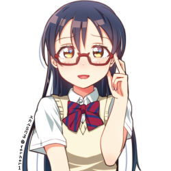Rule 34 | 1girl, adjusting eyewear, blue hair, blush, commentary request, glasses, hair between eyes, hand on eyewear, long hair, looking at viewer, love live!, love live! school idol project, open mouth, otonokizaka school uniform, school uniform, semi-rimless eyewear, simple background, skull573, smile, solo, sonoda umi, under-rim eyewear, upper body, white background, yellow eyes