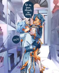 Rule 34 | 2boys, artist name, blue hair, book, cheescheesy, child, chinese clothes, chongyun (genshin impact), commentary, english commentary, english text, frilled sleeves, frills, genshin impact, highres, holding, holding book, implied yaoi, indoors, library, lifting person, male focus, multiple boys, one eye closed, solo, speech bubble, teeth, xingqiu (genshin impact), yellow eyes