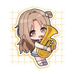 1girl blush_stickers bow brown_eyes brown_hair chibi commentary_request full_body hair_bow hair_bun holding holding_instrument ichikawa_hinana idolmaster idolmaster_shiny_colors instrument long_hair long_sleeves looking_to_the_side one_side_up open_mouth pleated_skirt sasaba_enu school_uniform serafuku single_hair_bun skirt socks solo tuba