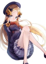 Rule 34 | 1girl, abigail williams (fate), bad id, bad pixiv id, black bow, black dress, black footwear, black hat, blonde hair, bloomers, blue eyes, blush, bow, bug, butterfly, closed mouth, commentary request, dress, fate/grand order, fate (series), feet out of frame, forehead, fuyukeu, hair bow, hat, highres, hugging object, insect, long hair, long sleeves, looking at viewer, orange bow, parted bangs, shoes, simple background, sleeves past fingers, sleeves past wrists, solo, stuffed animal, stuffed toy, teddy bear, underwear, very long hair, white background, white bloomers