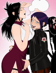 Rule 34 | 2girls, :d, alternate costume, animal print, audio jack, bare arms, bare shoulders, black hair, black jacket, black nails, boku no hero academia, breasts, cat print, closed eyes, dress, earrings, eyeliner, facing up, fishnet thighhighs, fishnets, floral print, from side, highres, jacket, jewelry, jirou kyouka, large breasts, looking at viewer, makeup, multiple girls, nail polish, open mouth, pink background, plaid, plaid skirt, purple hair, purple lips, red dress, red skirt, riffraffhellyea, short hair, skirt, smile, speech bubble, sticker, tears, teeth, thighhighs, tongue, yaoyorozu momo