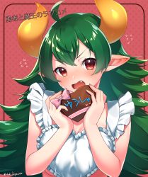 Rule 34 | 1girl, absurdres, ahoge, apron, bare arms, bare shoulders, blush, bow, breasts, candy, chocolate, chocolate heart, cleavage, commentary request, copyright name, copyright request, curled horns, flying sweatdrops, food, frilled apron, frills, green hair, hair between eyes, head tilt, heart, highres, holding, holding food, horns, large breasts, long hair, naked apron, pink bow, pointy ears, polka dot, polka dot background, red background, red eyes, sakura chiyo (konachi000), solo, sweat, translation request, twitter username, upper body, valentine, very long hair, white apron