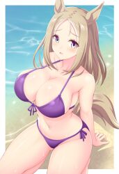 Rule 34 | 1girl, alternate costume, animal ears, bare shoulders, beach, bikini, blonde hair, blush, border, breasts, commentary request, front-tie bikini top, front-tie top, gradient eyes, gurukorian, highres, horse ears, horse girl, horse tail, large breasts, long hair, multicolored eyes, narita top road (umamusume), ocean, open mouth, outdoors, outside border, parted bangs, purple bikini, side-tie bikini bottom, solo, squatting, swimsuit, tail, umamusume, water, wet, white border