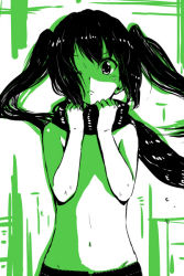 Rule 34 | 1girl, black hair, female focus, flat chest, green theme, hamao, k-on!, long hair, monochrome, nakano azusa, navel, scarf, solo, topless, twintails, wink