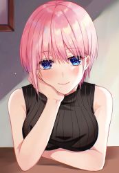 Rule 34 | 1girl, absurdres, arm support, blue eyes, blush, breasts, closed mouth, commentary request, go-toubun no hanayome, highres, indoors, large breasts, looking at viewer, nakano ichika, parum39, pink hair, shiny skin, short hair, sidelocks, smile, sweater, table, upper body